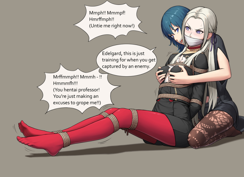 2girls arms_behind_back blush bondage bound bound_ankles bound_arms bound_legs breast_grab byleth_(fire_emblem) byleth_(fire_emblem)_(female) cloth_gag clothed_female dialogue edelgard_von_hresvelg english_text feet female female_only female_protagonist femdom femdom_caption femsub fire_emblem fire_emblem:_three_houses gag gagged gagged_speech gbeeee grabbing_from_behind groping groping_breasts groping_from_behind grumpy_sub humiliation kneeling long_hair multiple_girls nintendo pantyhose restrained rope rope_bondage slight_blush speech_bubble sweat text tied_up unhappy_female unicorn yuri