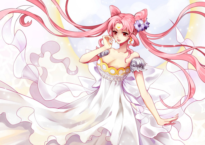 aged_up areola_slip areolae areolae_peeking artist_request big_breasts bishoujo_senshi_sailor_moon busty chibi_usa cleavage clothed clothing cute cute_face double_bun dress earrings edit female female_only flower forehead_mark jewelry large_breasts long_dress long_hair pink_hair princess princess_lady_serenity red_eyes solo twintails