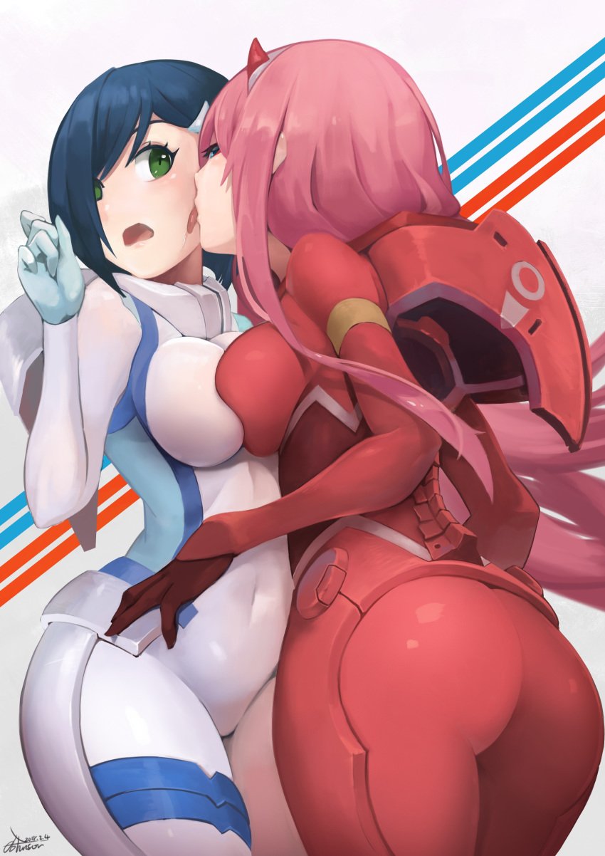 2018 2girls big_ass big_butt blue_hair bodysuit breast_press curvy darling_in_the_franxx green_eyes helloe horns huge_ass ichigo_(darling_in_the_franxx) johnson_zhuang licking licking_face long_hair multiple_girls pink_hair short_hair yuri zero_two_(darling_in_the_franxx)