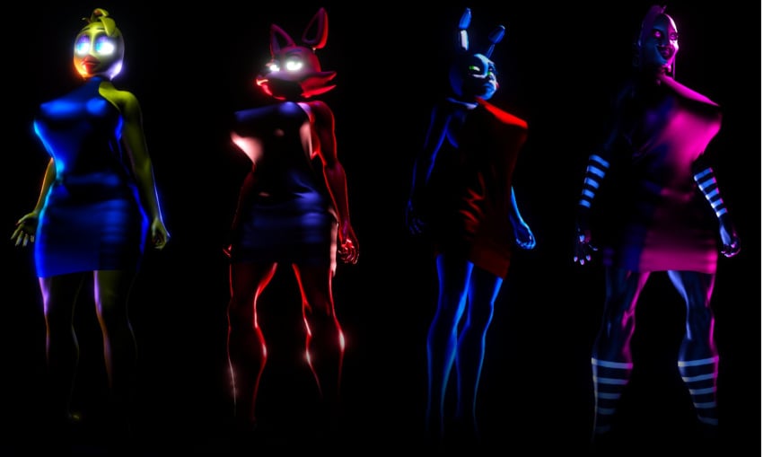 3d 3d_(artwork) 4girls animatronic big_breasts black_body black_skin blue_body blue_fur blue_hair blue_skin breasts bunny_ears bunny_girl busty chica_(fnaf) chicken chicken_girl cleavage dress female five_nights_at_freddy's five_nights_at_freddy's_2 fox_ears fox_girl foxy_(fnaf) glowing_eyes green_eyes hips hourglass_figure humanoid large_breasts legs lips looking_at_viewer marionette_(fnaf) mask mature mature_female muscles muscular muscular_female nipples puppet_(fnaf) purple_body purple_eyes purple_skin rabbit rabbit_ears rabbit_girl rubikon_(artist) stripes thick thick_legs thick_lips thick_thighs thighs toned toned_female toy_bonnie_(fnaf) virt-a-mate virtamate voluptuous white_fur white_mask white_skin white_stripes yellow_feathers yellow_skin