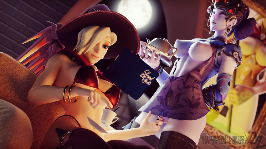 2girls 3d alternate_costume areolae big_breasts black_lily_widowmaker blender breasts female female_only femdom femsub fingering gentle_femdom junkerz large_breasts mercy nipples overwatch pussy servant thighhighs widowmaker witch_mercy yuri