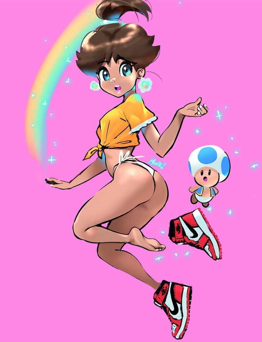 1boy 1girls ass barefoot blue_eyes brown_hair dark-skinned_female dark_skin earrings feet female female_focus full_body hair_up lipstick looking_at_viewer male mario_(series) midriff moxie2d nike open_mouth panties pink_background pink_lipstick ponytail princess_daisy rainbow shoes side-tie_panties small_breasts soles solo_focus sparkle thighhighs thong tied_hair tied_shirt toad_(mario) toes white_panties