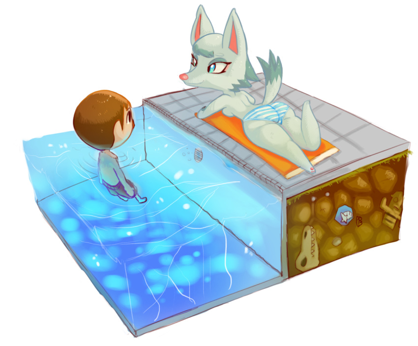 actionbastardvirginblstr animal_crossing anthro arctic_wolf bikini blue_eyes breasts canid canine canis clothed clothing dirt duo female fossil fur gyroid human male mammal nintendo outside side_boob swimming_pool swimwear topless underground video_games villager_(animal_crossing) water white_fur whitney_(animal_crossing) wolf