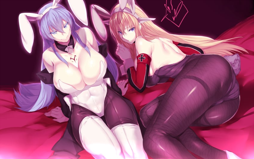 2girls abs akame_ga_kill! animal_ears ass back bare_shoulders bed bismarck_(kantai_collection) blonde_hair blue_eyelashes blue_eyes blue_hair blush boots breasts bunny bunny_ears bunny_girl bunny_tail bunnysuit clavicle cleavage crossover curvaceous detached_sleeves esdeath_(akame_ga_kill!) fake_animal_ears female female_only full_cleavage hairband hews_hack hips huge_breasts iron_cross kantai_collection large_breasts legs light-skinned lingerie long_hair looking_at_viewer looking_back multiple_girls nazi no_hat no_headwear panties_under_pantyhose pantsu pantyhose pinup shiny shiny_clothes sitting smile tail thigh_boots thighhighs toned underwear very_long_hair wallpaper