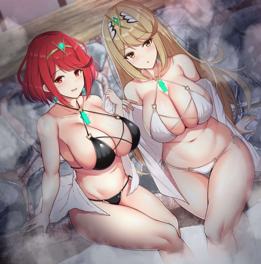 2girls :d :o bangs bare_shoulders bikini black_bikini blonde_hair blush breasts chest_jewel cleavage collarbone crossed_legs curvy eyebrows_visible_through_hair female frown gem hair_ornament headpiece highres large_breasts legs legs_crossed long_hair mythra navel nintendo noeomi pyra red_eyes red_hair short_hair sitting skindentation smile swept_bangs swimsuit thick_thighs thigh_gap thighs tiara white_bikini xenoblade_(series) xenoblade_chronicles_2 yellow_eyes