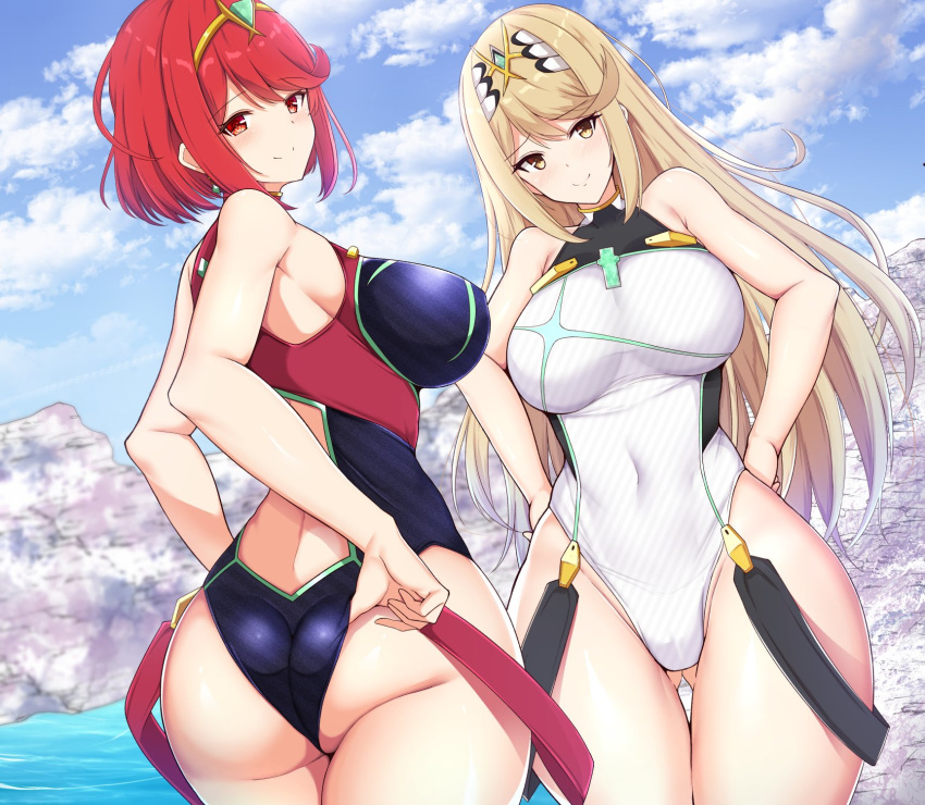 2girls adjusting_clothes adjusting_swimsuit ass back back_cutout bangs bare_shoulders big_ass black_swimsuit blonde_hair blue_sky blush breasts closed_mouth cloud colored_stripes covered_collarbone covered_navel cowboy_shot curvy day diagonal_stripes dual_persona dutch_angle earrings emerald_(gemstone) eyebrows_visible_through_hair female_focus from_behind gem gluteal_fold gradient_hair groin hair_ornament halterneck hand_on_hip highres jewelry large_breasts legs_together light_brown_hair light_smile long_hair looking_at_viewer looking_back matching_hair/eyes multicolored_hair multiple_girls mythra nintendo noeomi one-piece_swimsuit outdoors presenting_hindquarters pyra raised_eyebrows red_eyes red_hair rock short_hair sidelocks skindentation sky smile standing straight_hair strap striped striped_swimsuit swept_bangs swimsuit thick_thighs thighs tiara turtleneck twisted_torso very_long_hair water white_swimsuit wide_hips xenoblade_(series) xenoblade_chronicles_2 yellow_eyes