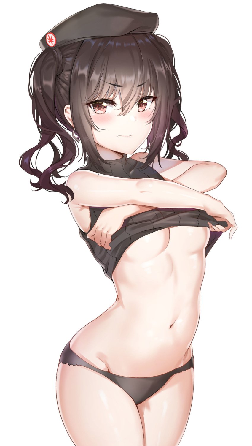 1girls bangs belly_button beret black_panties brown_eyes brown_hair cowboy_shot earrings eyebrows_visible_through_hair female female_only hair idolmaster idolmaster_shiny_colors midriff panties shirt_lift sleeveless_turtleneck small_breasts solo_female sunazuka_akira sunhyun underboob undressing