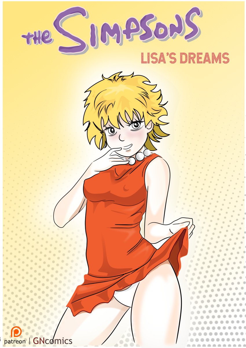 death_note death_tome dress_lift lisa_simpson lisa_simpson_(death_tome) nipple_bulge nipples orange_dress pearl_necklace tagme the_simpsons thighs white_panties yellow_hair