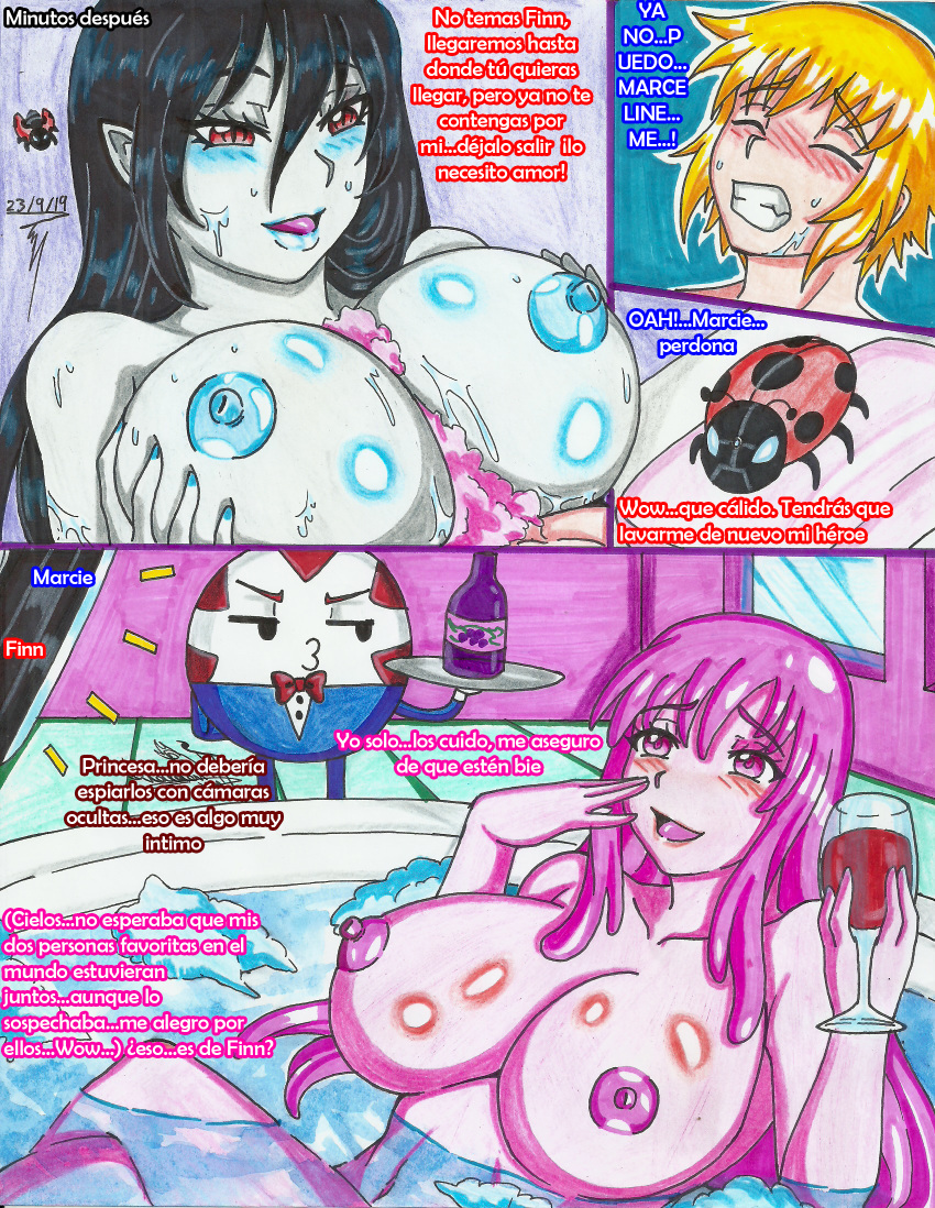 adventure_time areolae blue_skin breasts dialogue female finn_the_human huge_breasts male marceline marceline_abadeer nipples peppermint_butler pink_skin pointy_ears princess_bubblegum raidon_dimentional_land spanish_text