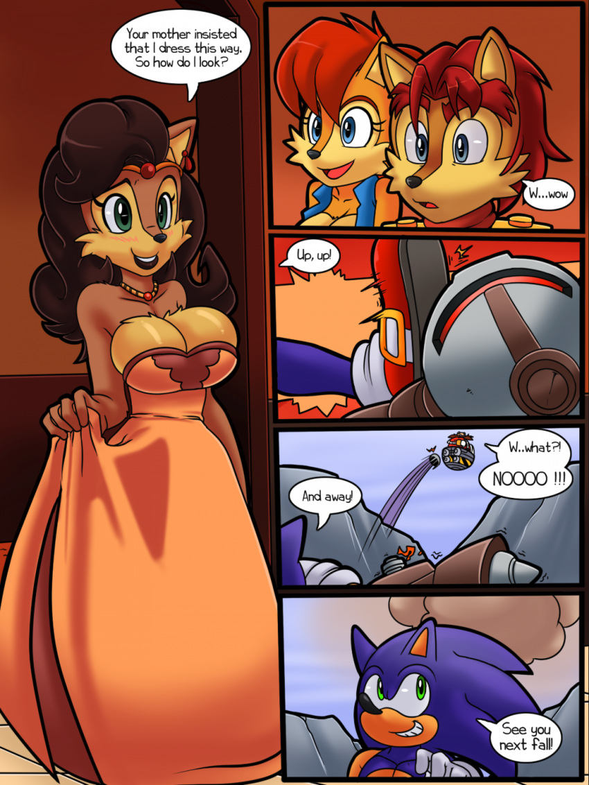 big_breasts blue_eyes blue_fur blush breasts brown_fur brown_hair comic detailed_background dr_robotnik dress elias_acorn english_text female furry green_eyes headwear hedgehog jewelry little-gray-bunny male mammal megan_acorn necklace red_hair sally_acorn smile sonic_(series) sonic_the_hedgehog sonic_the_hedgehog_(archie) sonic_the_hedgehog_(comics) speech_bubble superbunnygt text