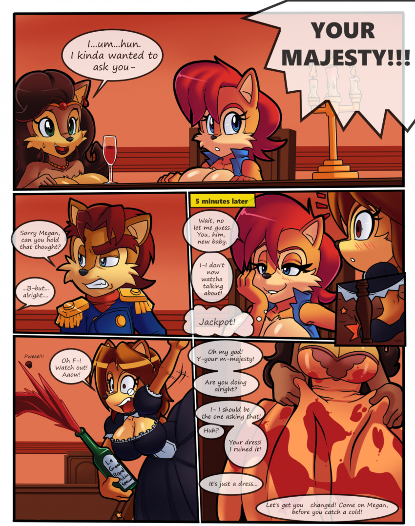 big_breasts blush breasts comic dress elias_acorn english_text furry little-gray-bunny megan_acorn sally_acorn sonic_(series) sonic_the_hedgehog_(archie) sonic_the_hedgehog_(comics) spilled_drink superbunnygt text