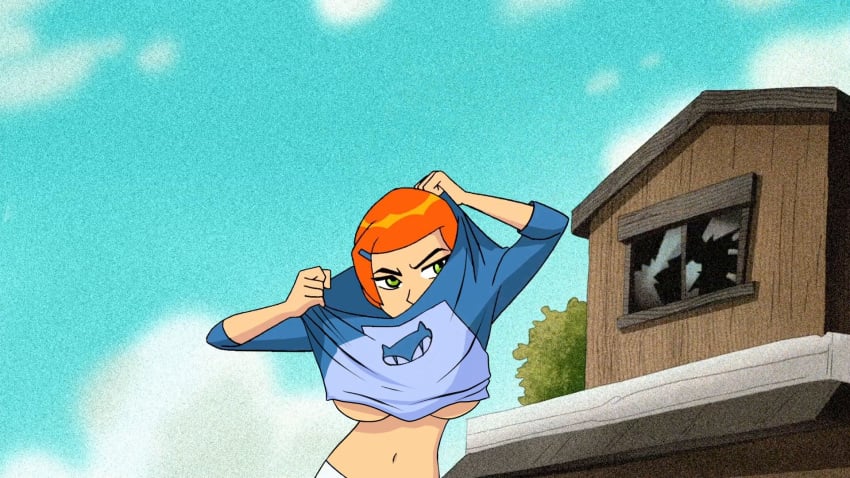 1girls alternate_breast_size ben_10 cartoon_network clothing edit female female_only gan_(artist) green_eyes gwen_tennyson orange_hair outside screenshot screenshot_edit solo underboob undressing