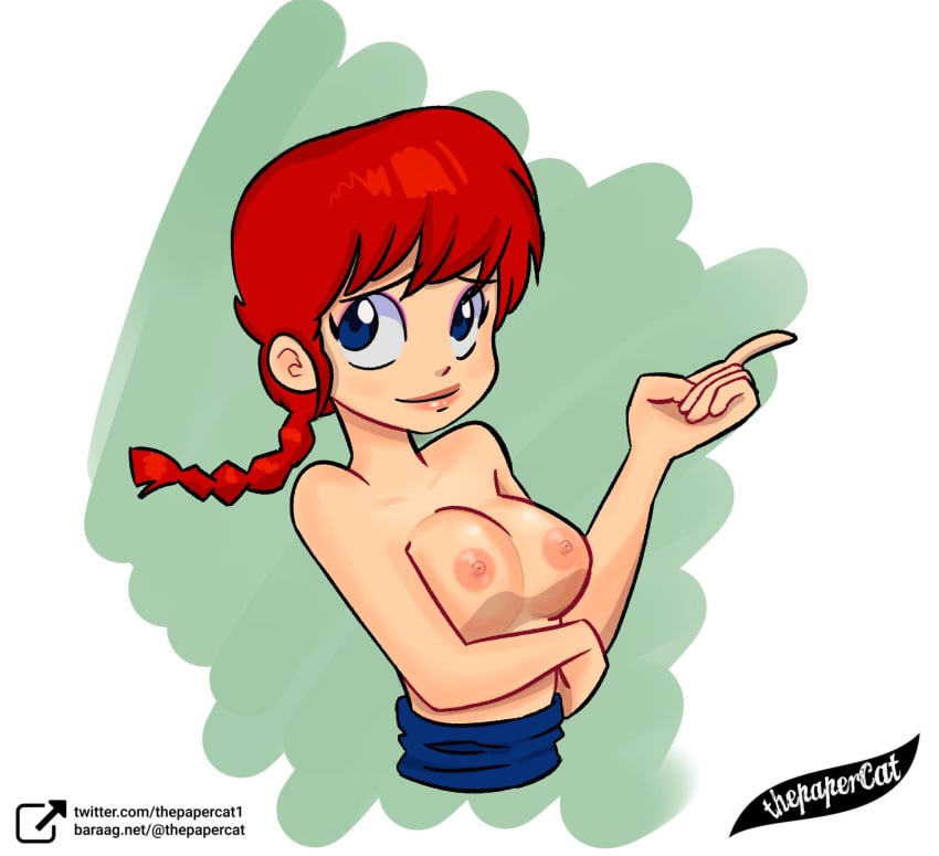 areolae bare_arms bare_shoulders big_breasts blue_eyes busty eyelashes eyeliner eyeshadow female female_focus female_only lipstick medium_breasts navel nipples ranma-chan ranma_1/2 ranma_saotome red_hair solo tagme thepapercat tied_hair topless