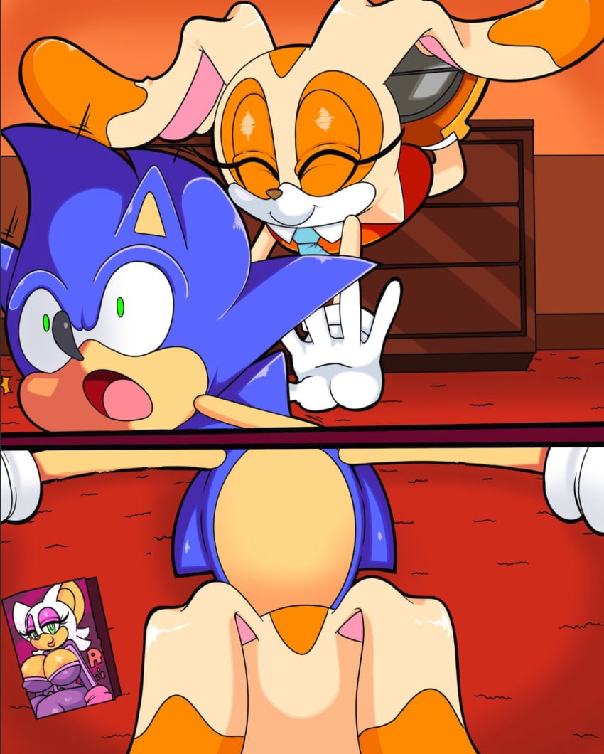 age_difference bat big_ears blue_fur cloudz comic cream_the_rabbit creams_curiosity cub flat_chest flat_chested furry gloves green_eyes hedgehog jumping_on_top mammal multicolored_fur on_back on_floor on_top rabbit rouge_the_bat sonic_(series) sonic_heroes sonic_the_hedgehog sonic_x superbunnygt young