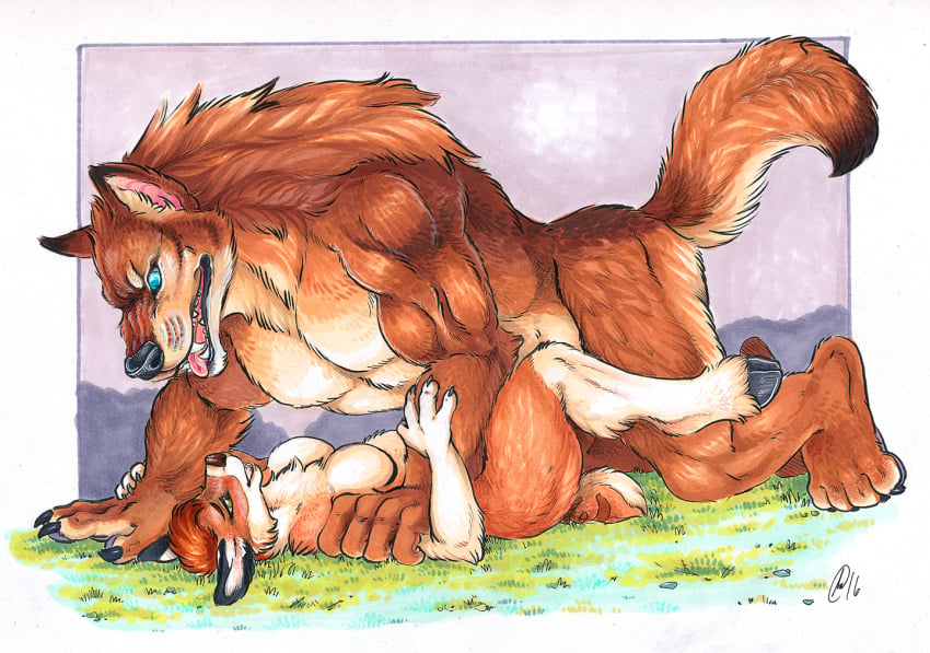 anthro breasts brown_body brown_fur canid canine canis cervid duo female fur gravewalker male mammal muscular muscular_male nude open_mouth pinned simple_background size_difference smaller_female smile straight tongue traditional_media_(artwork) were werecanid werecanine werewolf wolf