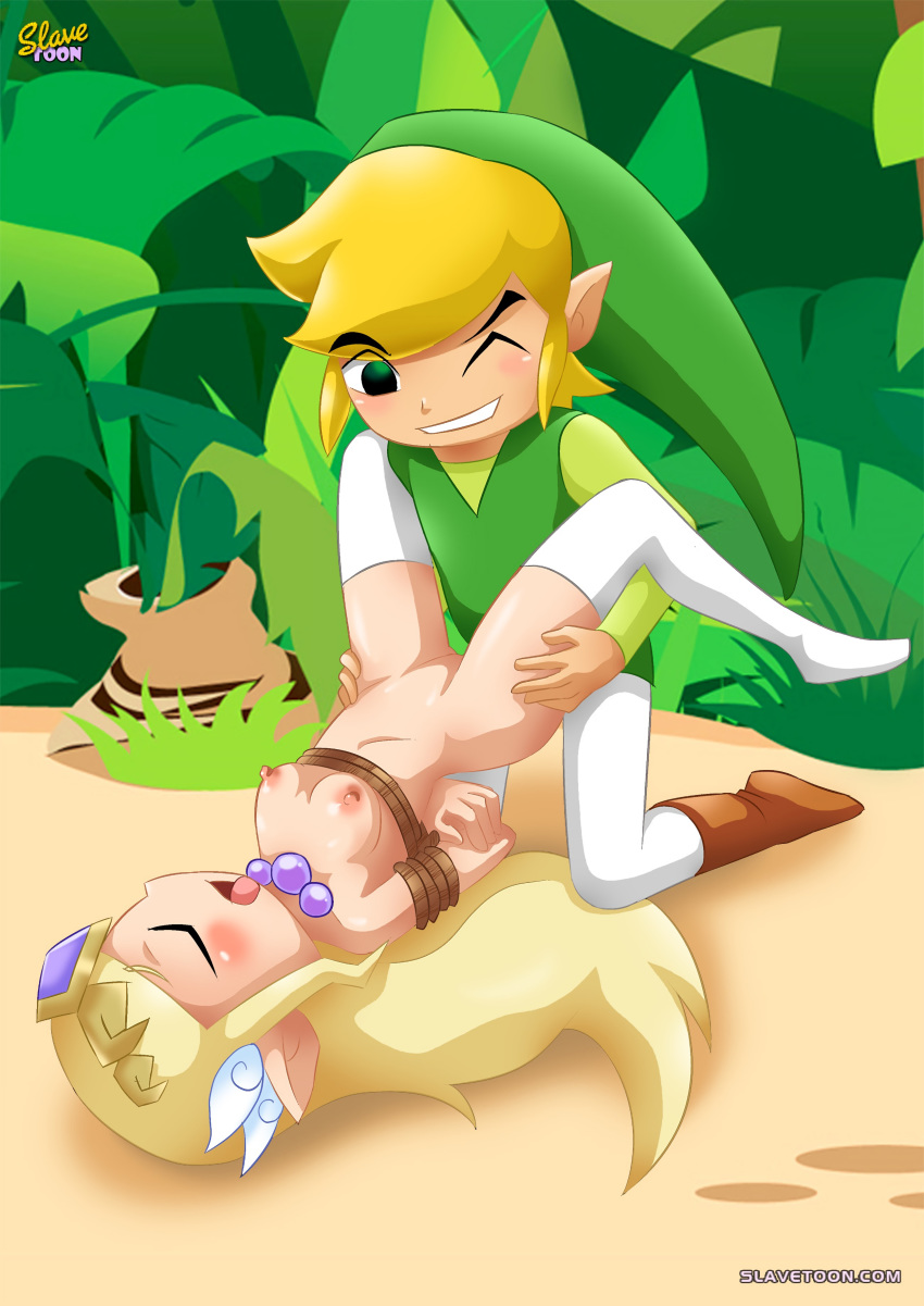 1boy 1girls blonde_hair blush bondage breasts closed_eyes clothed clothed_male_nude_female eyebrows eyebrows_visible_through_hair eyes_visible_through_hair female green_tunic hat highres implied_sex jungle legwear link looking_pleasured male male/female male_penetrating_female naked naked_female naked_male nintendo nipples nude nude_female one_eye_closed outdoors palcomix pointy_ears princess_zelda rope rope_bondage royalty slavetoon straight the_legend_of_zelda the_wind_waker tiara tied_up tongue tongue_out toon_link toon_zelda tunic web_address wind_waker young young_couple