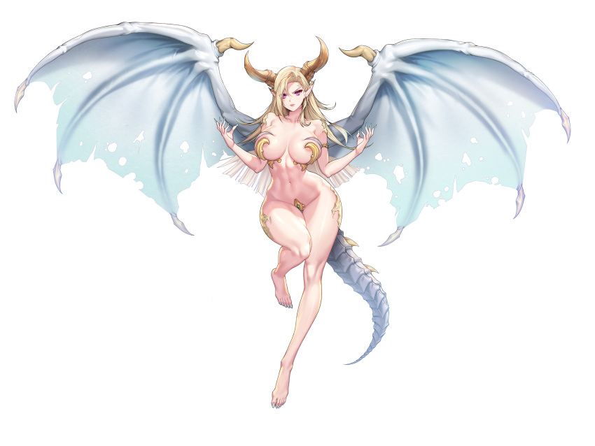 1girls abs big_breasts blonde_hair breasts curvaceous dragon feet horn horns long_nails no_background sadius_of_retribution tail thick_ass wings