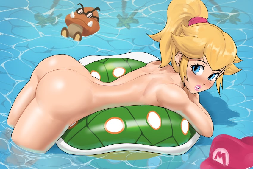 1girls 1other absurd_res ass big_butt blonde_hair blue_eyes blush casual casual_nudity dat_ass echosaber female female_focus goomba hat hi_res high_resolution highres inflatable lipstick long_hair looking_at_viewer mario_(series) naked naked_female nintendo nude nude_female ponytail pool princess_peach super_mario_bros. thick_thighs thighs water