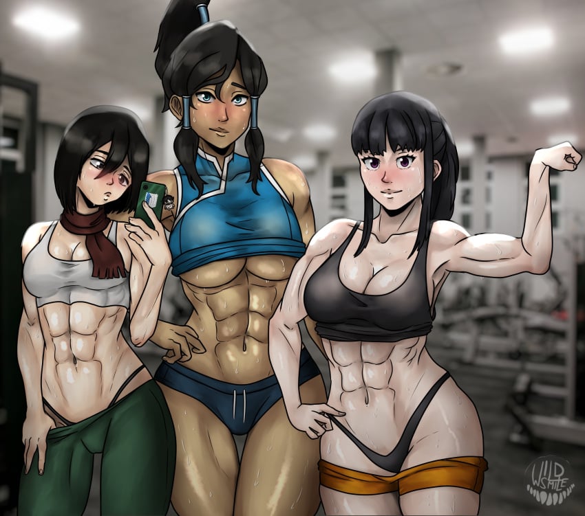 3girls abs after_workout artist_name attack_on_titan avatar_legends bare_arms bare_shoulders big_breasts black_hair blush blushing blushing_at_viewer bra brown_hair clothing crossover dark-skinned_female dark_skin eastern_and_western_character enen_no_shouboutai female female_only fire_force flexing flexing_bicep gym gym_clothes gym_selfie gym_shorts keychain korra large_breasts medium_breasts mikasa_ackerman mirror_selfie multiple_girls muscle_girl muscular muscular_female nickelodeon oze_maki panties pants pants_down pants_pull post_workout pursed_lips scarf selfie shirt shirt_lift shorts six_pack smooth_skin sports_bra sweat sweatdrop taking_picture tank_top tank_top_lift the_avatar the_legend_of_korra tight_clothes tight_clothing tight_pants tights tomboy water_tribe wildsmile