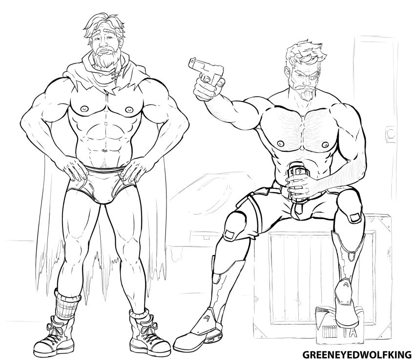 abs borderlands borderlands_3 greeneyedwolfking male_focus male_only monochrome vaughn_(borderlands) zane_flynt