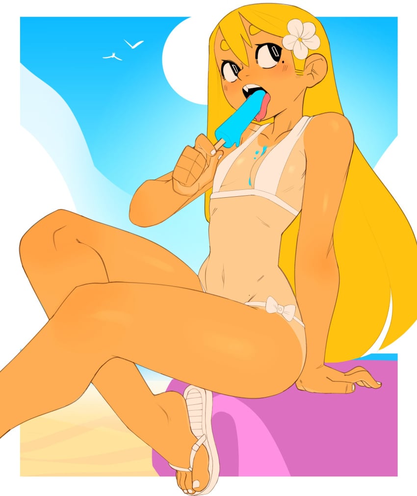 1girls beach bikini blonde_hair boonsky cleavage dripping_popsicle eating female female_only food frame hair_flower licking long_hair open_mouth outdoors popsicle sexually_suggestive sitting sky small_breasts solo suggestive tanline tanlines tanned thai_(boonsky) tongue_out