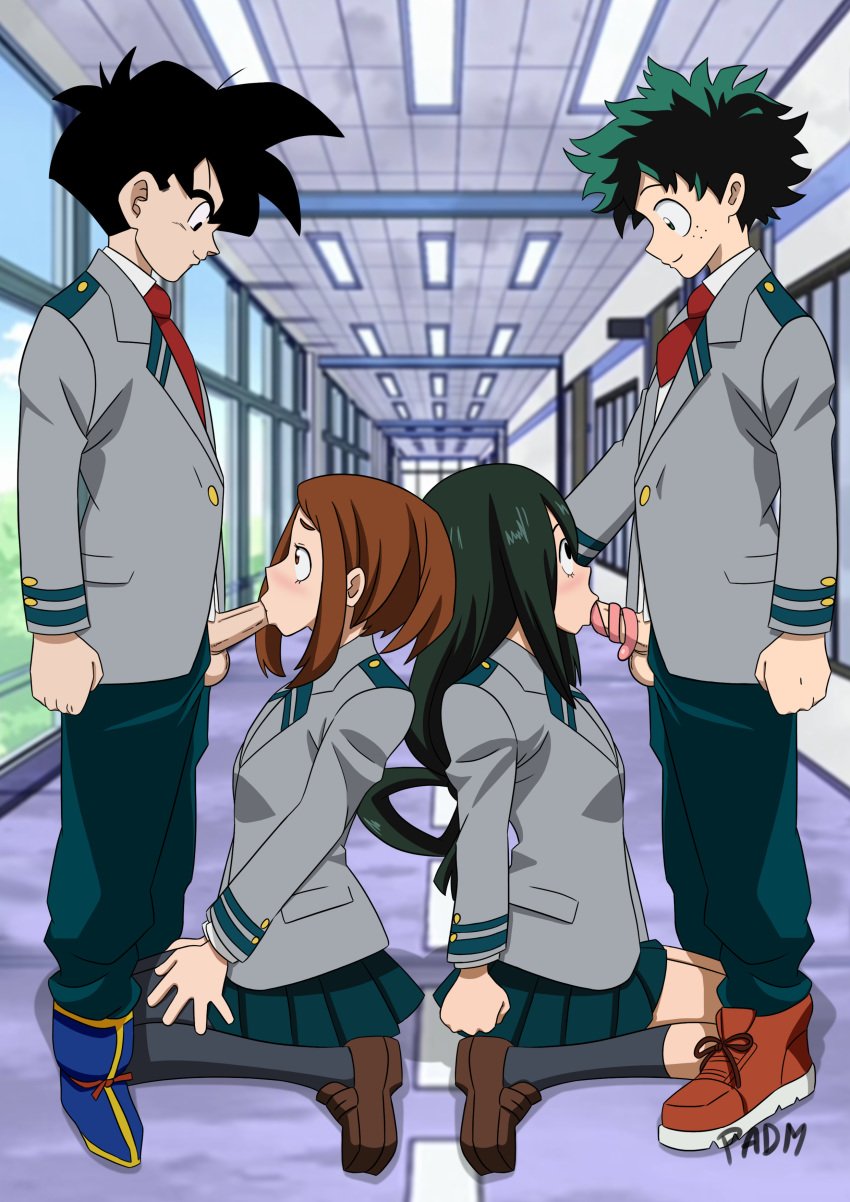 2boys 2girls balls big_penis black_eyes blonde_hair blowjob blush brown_eyes brown_hair clothed crossover dragon_ball dragon_ball_z fellatio foursome green_hair hallway hand_on_head izuku_midoriya kneeling leggings light-skinned_male light_skin long_hair my_hero_academia ochako_uraraka on_knees padm penis_out school school_uniform shoes skirt son_gohan son_gohan_(young) source_request standing swingers testicles text tongue tongue_around_penis tongue_out tongue_wrap tonguejob tsuyu_asui watermark