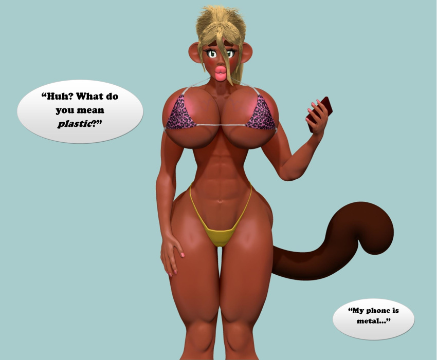 1girls 3d abs bikini breasts dialogue fake_breasts female huge_breasts moni monkey monkey_girl muscle muscles nightmare_fuel simple_background thick_thighs thong xmrsmoothx