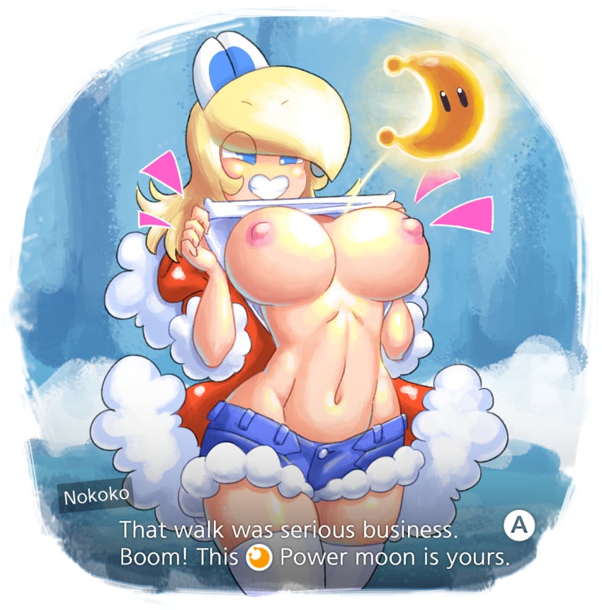 1girls 2019 areolae blonde_hair blue_eyes breasts breasts_out clothing english_text female female_focus female_only flashing highres human humanized koopa koopa_girl large_breasts legwear mario_(series) minus8 navel nintendo nipples nokoko_(koopa) power_moon shirt shirt_lift short_shorts shorts smile solo solo_focus standing super_mario_odyssey text thighhighs thighs video_games white_legwear white_thighhighs