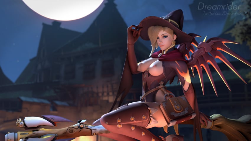 1girls 3d alternate_costume areolae blender blonde_hair breasts broom broom_riding broomstick dreamrider female female_only mercy nipples overwatch solo thighhighs witch witch_hat witch_mercy