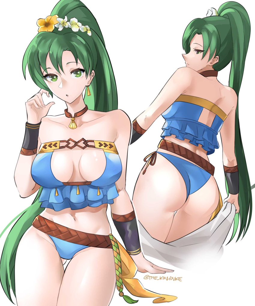 ass big_ass bikini blue_bikini breasts fire_emblem fire_emblem:_the_blazing_blade fire_emblem_heroes green_eyes green_hair large_breasts lyn_(fire_emblem) lyn_(summer)_(fire_emblem) ponytail the_kingduke tommietomm