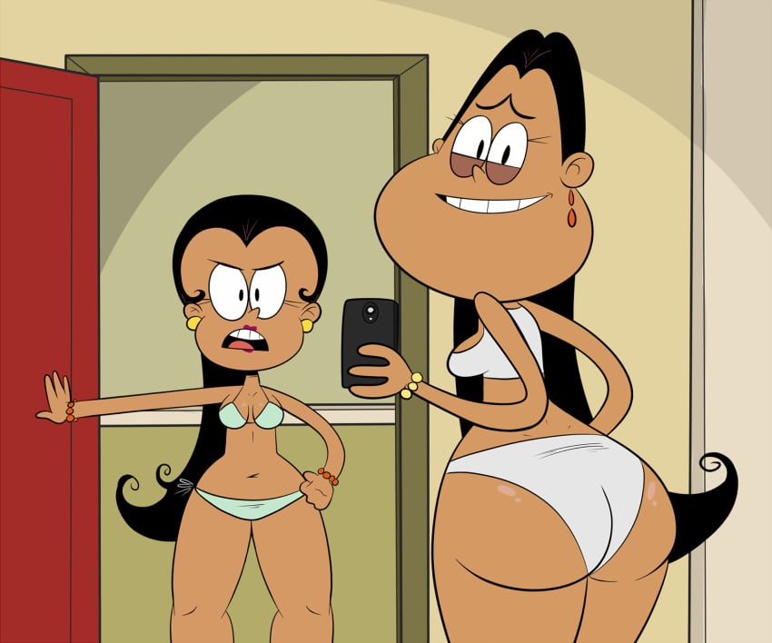 2girls ass big_ass black_hair bra brown_skin carlota_casagrande female female_only frida_puga_casagrande huge_ass large_ass long_hair multiple_females multiple_girls panties phone scobionicle99 shiny_skin straight_hair the_casagrandes the_loud_house thick_thighs thighs underwear very_long_hair