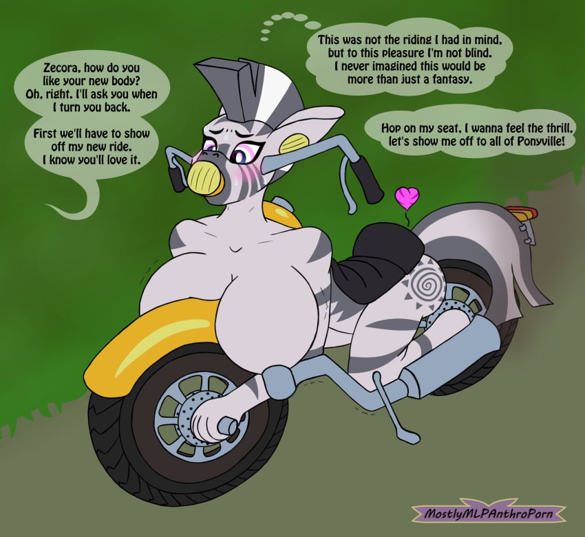 anthro big_breasts breasts dialogue equid equine female friendship_is_magic hi_res huge_breasts inanimate_transformation mammal mostlymlpanthroporn motorcycle my_little_pony nude sketch straight_hair transformation vehicle vehicle_transformation zebra zecora_(mlp)