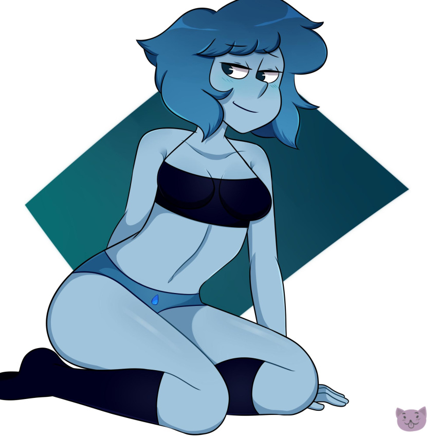 1girls black_bra black_stockings blue_eyes blue_hair blue_panties blue_skin female female_only hand_on_floor lapis_lazuli_(steven_universe) looking_at_viewer mochakitkat on_knees posing short_hair smiling solo steven_universe underwear watermark