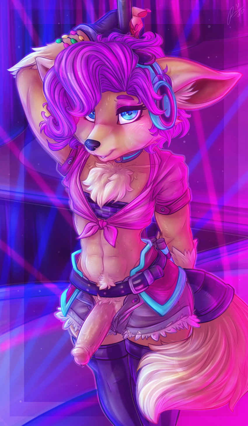 2018 abs absurd_res alternate_version_at_source anthro blue_eyes blush bodily_fluids canid canine chest_tuft clothed clothing crossdressing digital_media_(artwork) dimwitdog erection femboy fox genital_fluids girly headphones hi_res humanoid_penis looking_at_viewer male mammal neon nightclub open_pants paladins partially_clothed penis penis_through_fly pepper_(paladins) pip_(paladins) poking_out pole precum solo standing strip_club stripper stripper_pole tuft