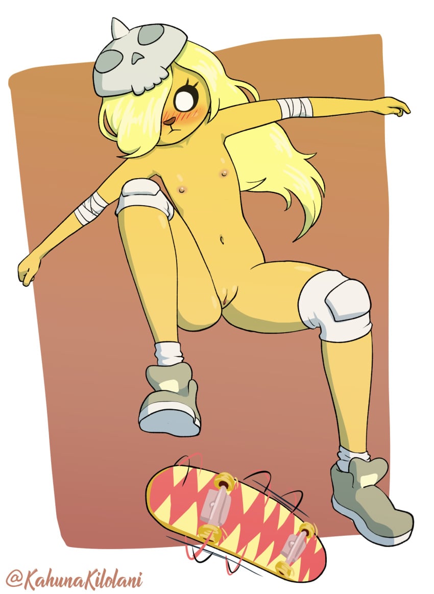 2019 adventure_time anthro armor armwear bandage blonde_hair blush breasts bronwyn canid canine cartoon_network casual clothing digital_media_(artwork) embarrassed female flat_chested footwear fur hair headgear headwear helmet hi_res kahunakilolani kickflip knee_pads legwear mammal nipples nude pussy simple_background skateboard solo