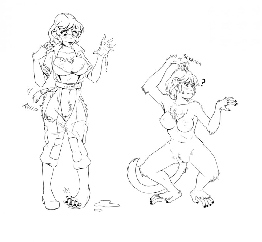 ? anthro anthrofied april_o'neil april_o'neil_(tmnt_1987) before_and_after belt boots breasts chest_tuft clothing drawn female footwear hair haplorhine human_to_anthro jitenshasw mammal monkey monkey_feet monkey_girl monochrome navel nipples nude prehensile_feet primate pussy short_hair simple_background solo standing surprise tail_growth teenage_mutant_ninja_turtles tmnt_1987 torn_clothing transformation tuft white_background