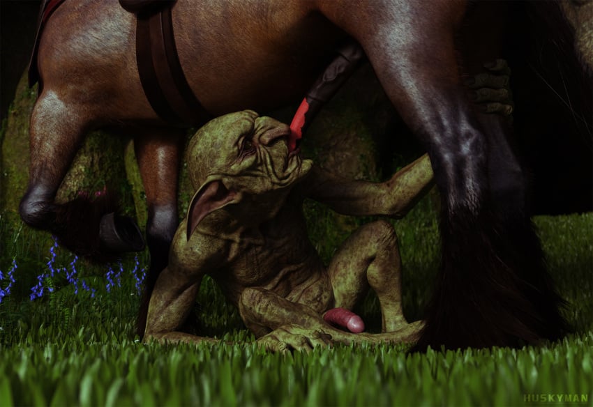 animal_genitalia centaur digital_media_(artwork) equid equid_taur erection faceless faceless_male fantasy fellatio goblin goblin_male hi_res horsecock humanoid humanoid_on_taur huskyman male male/male male_focus mammal mammal_taur medival oral out_of_frame penetration penile penis quadruped sex solo_focus taur