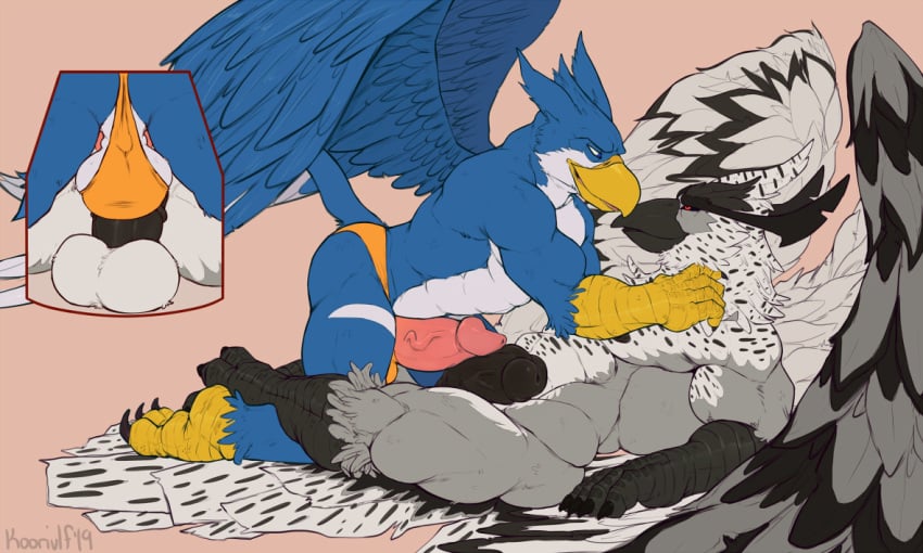 2019 2_toes 3_toes 5_fingers anthro avian backsack balls beak bird black_penis black_sclera blue_body blue_eyes blue_feathers clothing digital_media_(artwork) duo duo_focus erection feathered_wings feathers fingers frottage grey_body grey_feathers group humanoid humanoid_penis jockstrap koorivlf male male/male muscular muscular_male nipples nude penis red_eyes sex simple_background smile talons toes underwear white_body white_feathers wings