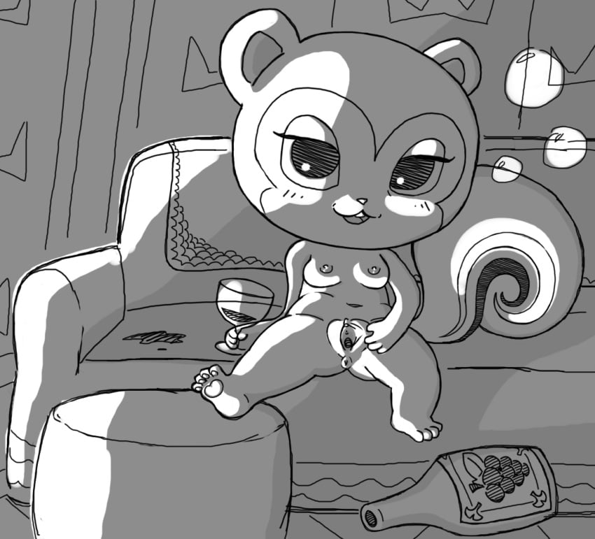 :3 alcohol animal_crossing anthro anus beverage breasts drunk female furniture line_art looking_at_viewer mammal monochrome nintendo pawpads pecan_(animal_crossing) presenting presenting_pussy pussy rodent sciurid simski sofa solo spread_legs spread_pussy spreading substance_intoxication video_games wine