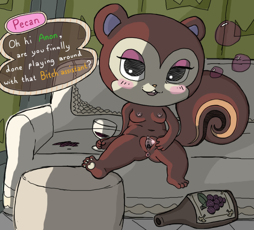 :3 alcohol animal_crossing anthro anus beverage breasts colored dialogue drunk female furniture looking_at_viewer mammal nintendo nude pawpads pecan_(animal_crossing) presenting presenting_pussy pussy rodent sciurid simski sofa solo spread_legs spread_pussy spreading substance_intoxication video_games wine