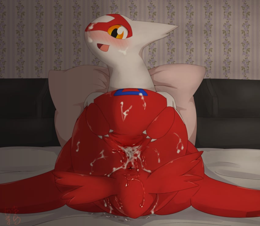 1girls 3_toes absurd_res anus bed blue_fur blush bodily_fluids chubby cum cum_in_pussy cum_inside cum_on_face dragon eye_contact female feral flat_chest furniture genital_fluids half-closed_eyes hi_res latias leaking legendary_pokémon long_neck looking_at_viewer nintendo on_back pillow pokemon pokemon_(species) pokemon_rse pussy pussy_juice red_body red_fur scalie solo spread_pussy spreading text toes vcrow_shuu video_games watermark white_fur yellow_fur