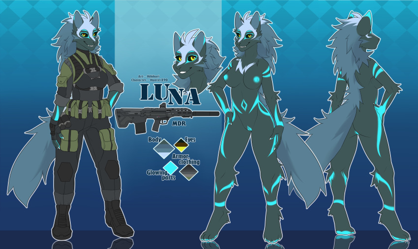 absurd_res anthro ass breasts canid canine canis clone clothed clothing female glowing hi_res hihikori looking_at_viewer luna_(hunterx90) mammal model_sheet nude pose pussy soldier solo uniform warrior wolf