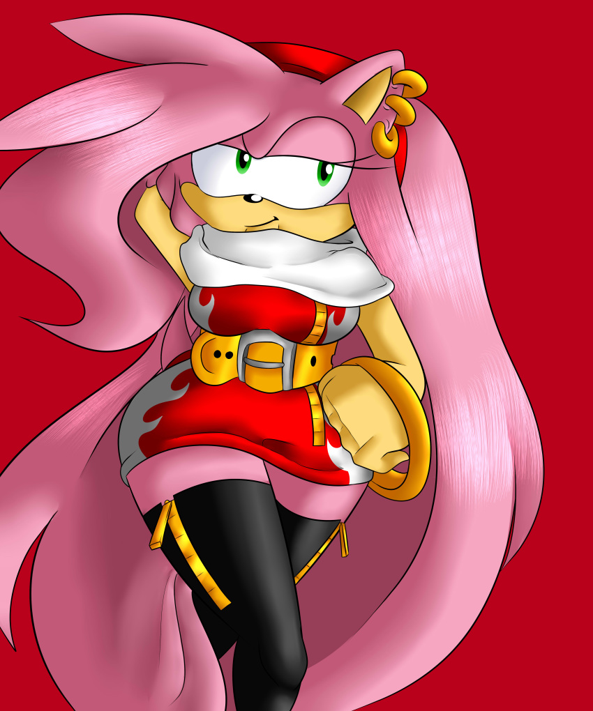 2014 absurd_res alternate_costume amy_rose clothed clothing ear_piercing ear_ring eulipotyphlan female green_eyes hedgehog hi_res legwear mammal piercing renee-moonveil solo sonic_(series) stockings