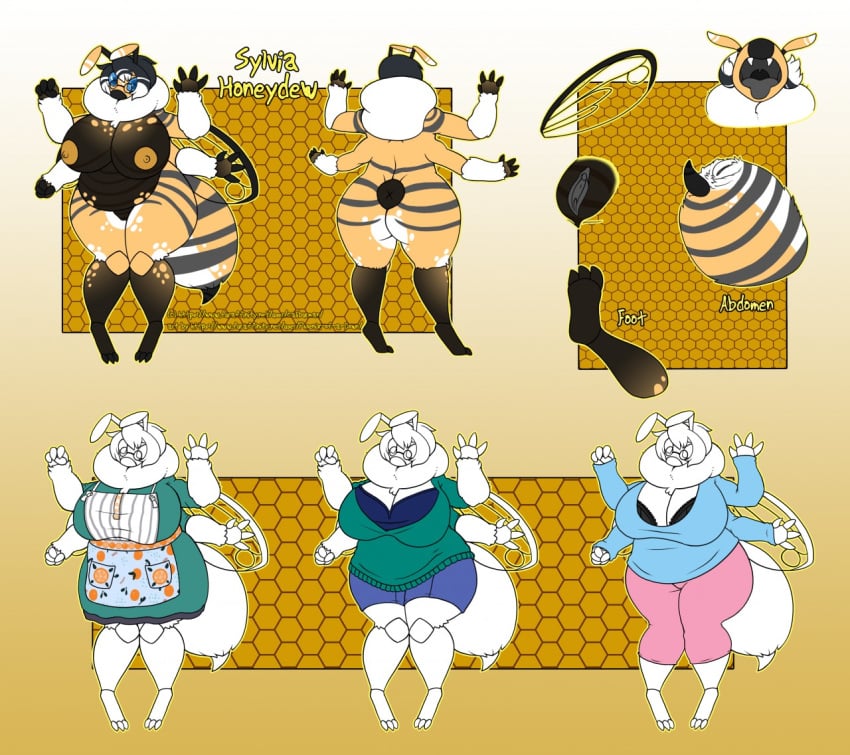 anthro arthropod arthropod_abdomen bee big_breasts breasts clothed clothing eyewear female glasses gradient_background huge_breasts hymenopteran insect_wings insects model_sheet multi_arm multi_limb nipples nude open_mouth phoenix-of-a-down pussy simple_background solo sylvia_honeydew text url wings