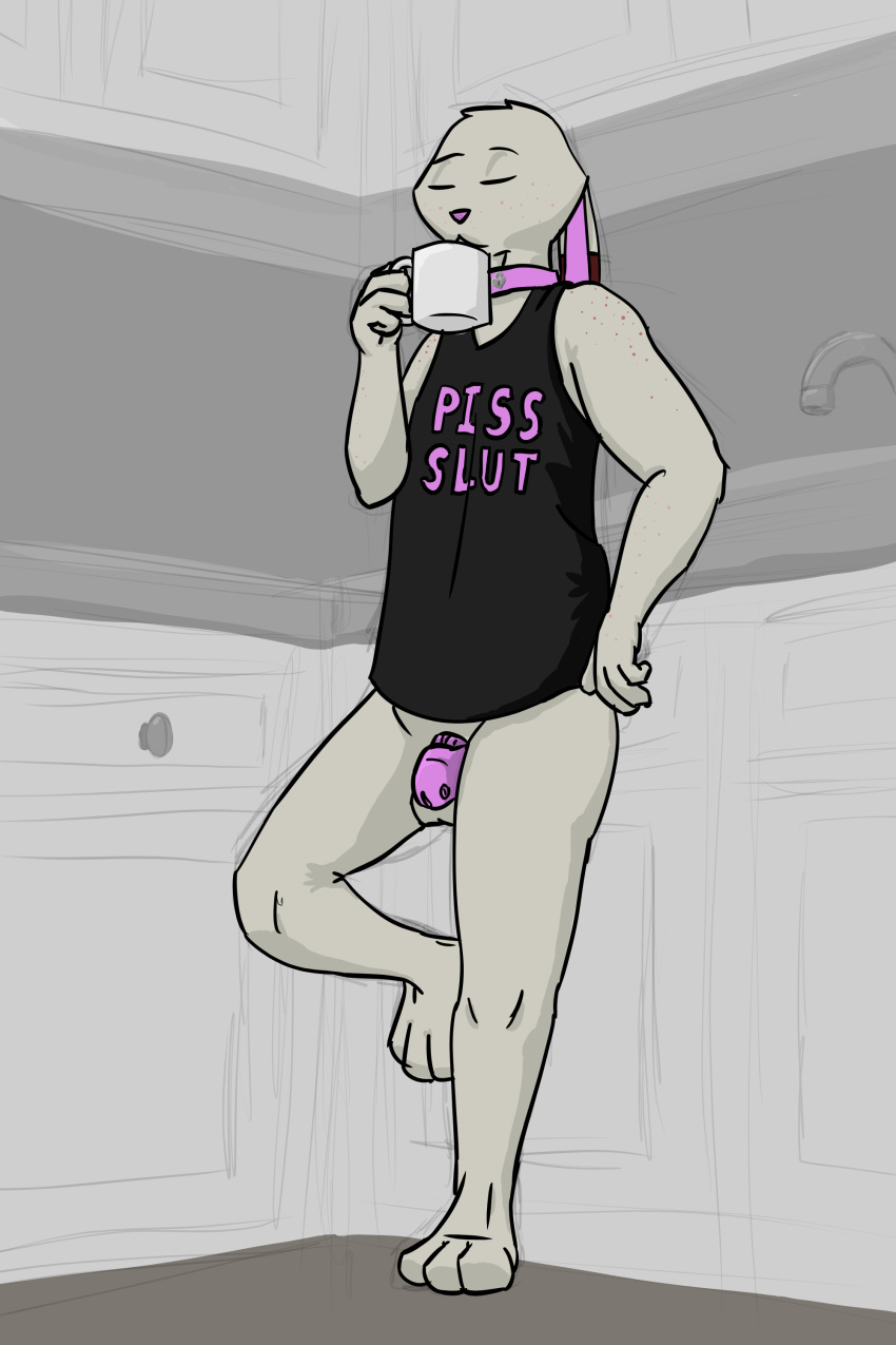 absurd_res alternate_version_at_source balls bottomless chastity_cage chastity_device closed_eyes clothed clothing coffee_cup collar english_text ev1lp1nk1 furry hi_res kitchen lagomorph leporid male mammal pink_theme rabbit shirt solo tank_top text topwear