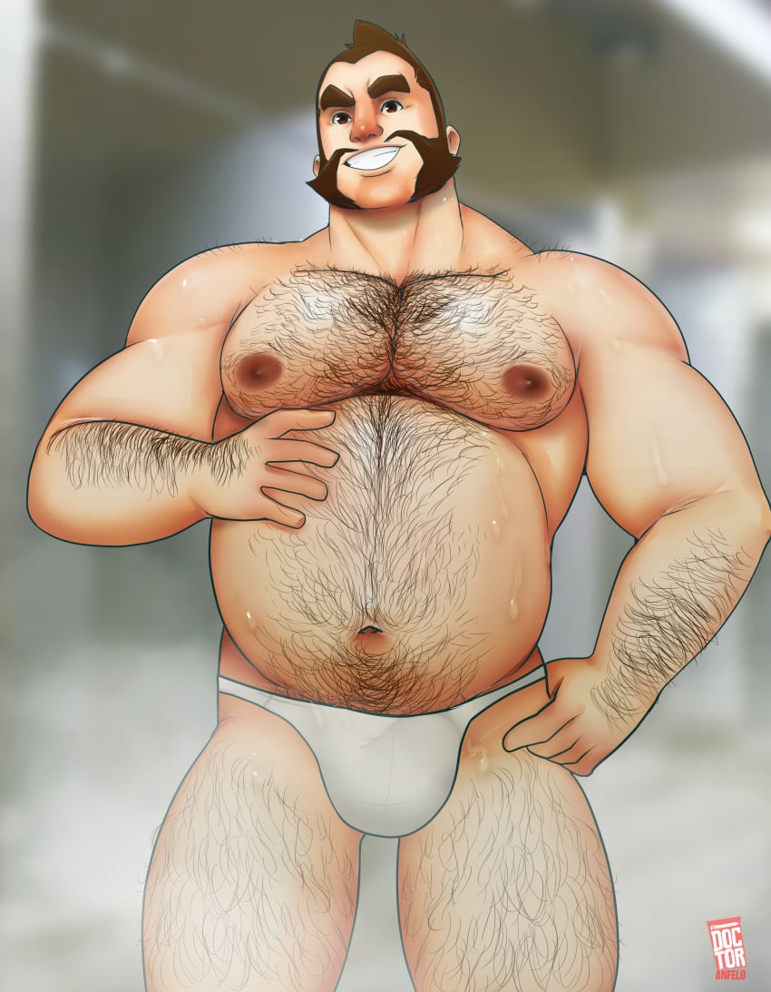 1boy bara beefy body_hair brown_eyes brown_hair bulge chest_hair chuck_(pokemon) doctor_anfelo facial_hair hairy_male human male male_nipples male_only male_thong manly mature_male musclegut muscles muscular_male musk mustache mutton_chops nintendo pecs penis_bulge pokemon sideburns solo sweaty