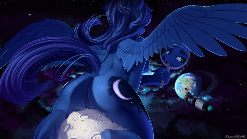 16:9 2019 alicorn anthro ass blue_body blue_feathers cutie_mark discordthege earth equid fangs feathered_wings feathers female friendship_is_magic hi_res holding_object horn macro mammal mirror my_little_pony princess_luna_(mlp) pussy reflection space wings