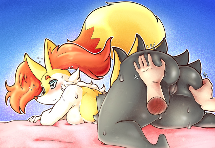 2019 5_fingers all_fours ambiguous_gender anthro ass ass_dough bed big_butt black_body black_fur blue_background blush bodily_fluids braixen breasts butt_fondling butt_grab canid canine deep_skin disembodied_hand duo female female/ambiguous female_focus fingers fur furniture genital_fluids hand_on_butt human hypnosis iamaneagle_(artist) inner_ear_fluff interspecies lying mammal mind_control multicolored_body multicolored_fur neck_tuft nintendo nude on_front pokémon_(species) pokemon pokemon_(species) pokephilia pussy pussy_juice pussy_juice_string questionable_consent raised_tail red_body red_fur red_nose simple_background smile solo_focus spread_legs spreading sweat thick_thighs tuft video_games white_body white_fur yellow_body yellow_fur