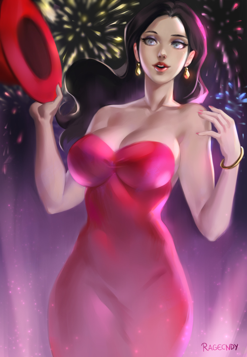 big_breasts blue_eyes bracelet breasts brown_hair busty cleavage curvaceous curvy earrings female_only fingernails highres looking_at_viewer mario_(series) nintendo pauline ragecndy super_mario_odyssey thick video_games wide_hips