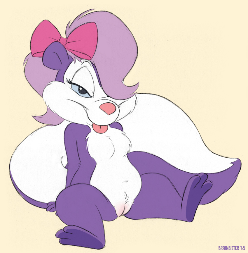 2018 bedroom_eyes bow brainsister female fifi_la_fume fur hair half-closed_eyes hi_res looking_at_viewer mammal mephitid multicolored_body multicolored_fur nude purple_hair pussy seductive simple_background skunk solo spread_legs spreading tiny_toon_adventures tongue tongue_out warner_brothers